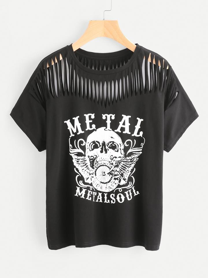 Shein Skull Print Slashed Tee