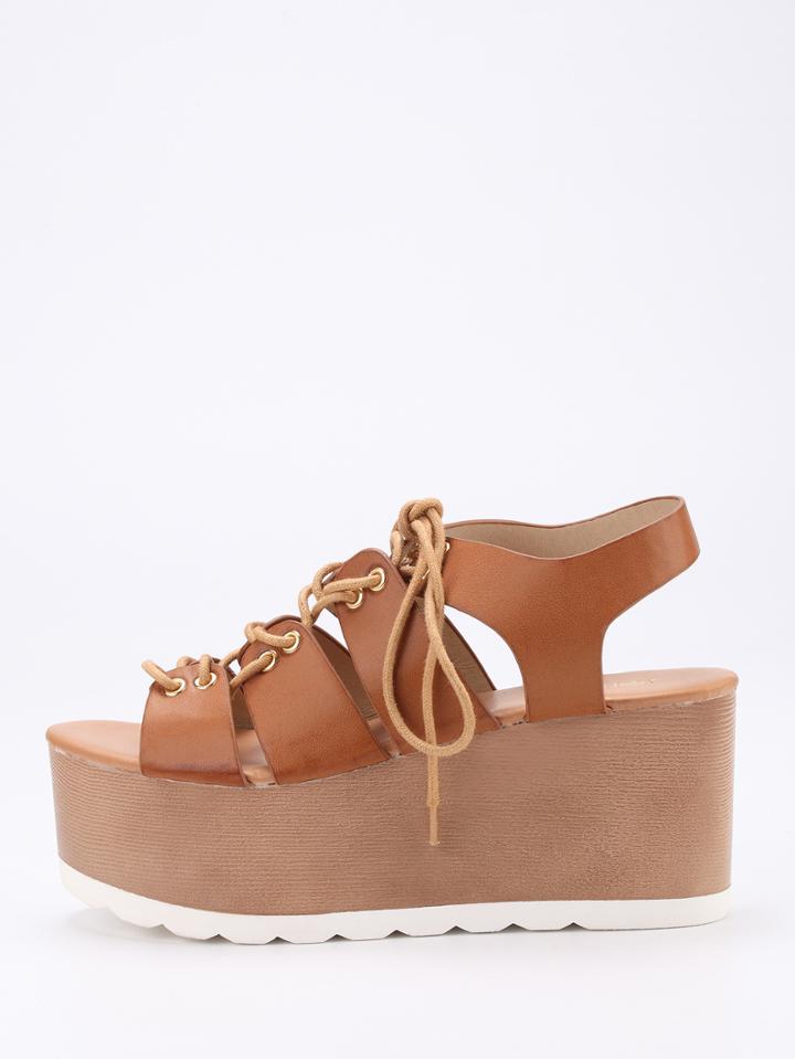 Shein Snake Embossed Lace-up Platform Wedges - Tan