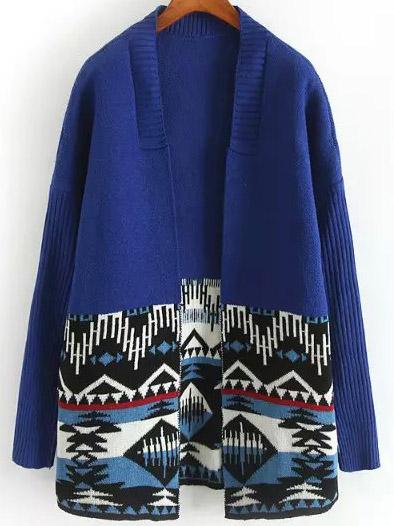 Shein Blue Long Sleeve Geometric Print Cardigan