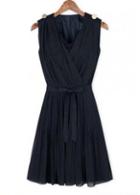 Rosewe Navy Blue V Neck Sleeveless Chiffon Dress For Lady
