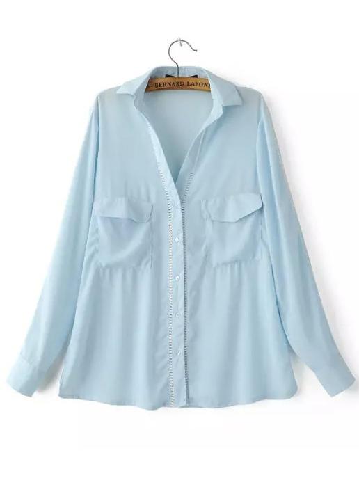 Shein Blue Lapel Crochet Pockets Loose Blouse