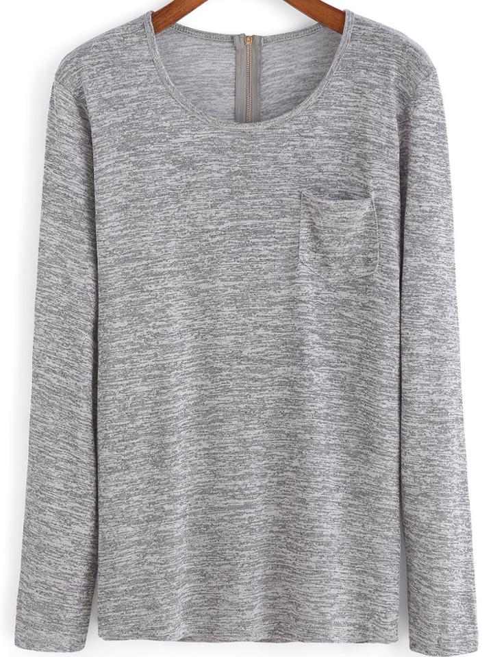 Shein Grey Round Neck Pocket Zipper T-shirt