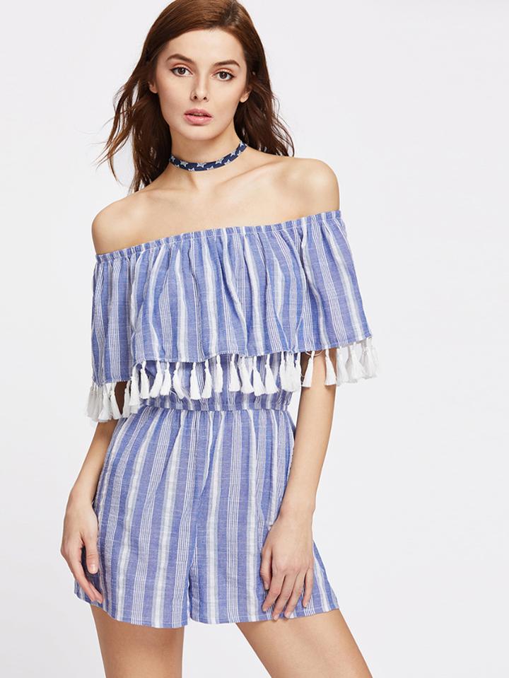 Shein Striped Tassel Trim Flounce Bardot Playsuit