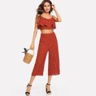 Shein Polka Dot Flounce Trim Crop Cami Top & Pants Set