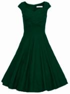 Shein Dark Green Raw Waterfall Heart Shape Collar Sleeveless Flare Dress