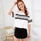 Shein Eyelet Insert Mixed Print Tee & Dolphin Hem Shorts Set