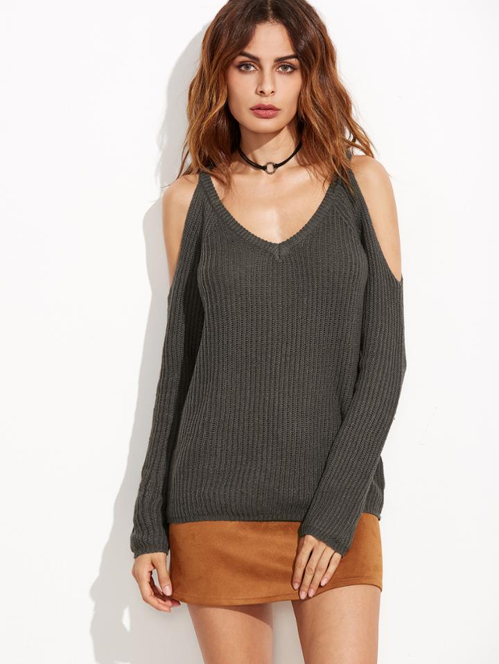 Shein Brown Cold Shoulder Textured Sweater