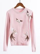 Shein Cranes Embroidery Ribbed Trim Knitwear