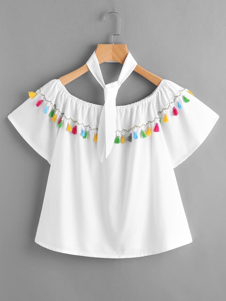 Shein Boat Neckline Fringe Trim Top With Neck Tie