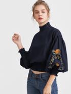 Shein Embroidered Lantern Sleeve Shirred Hem Blouse