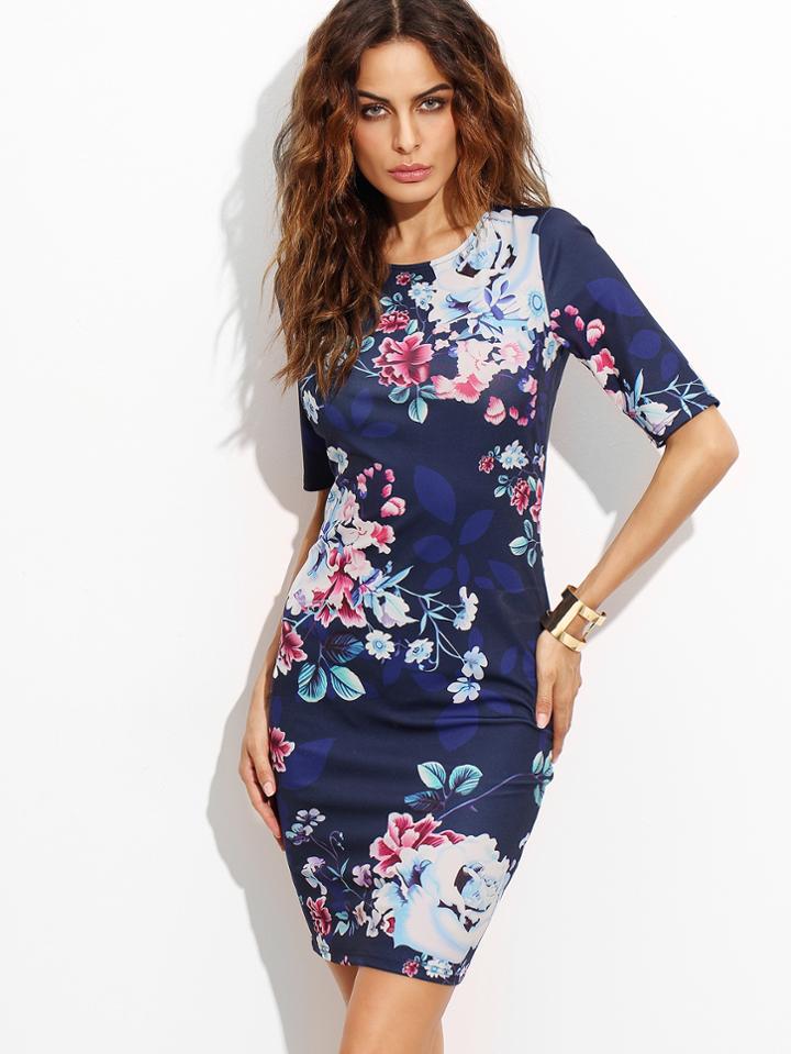 Shein Navy Floral Print Short Sleeve Sheath Dress