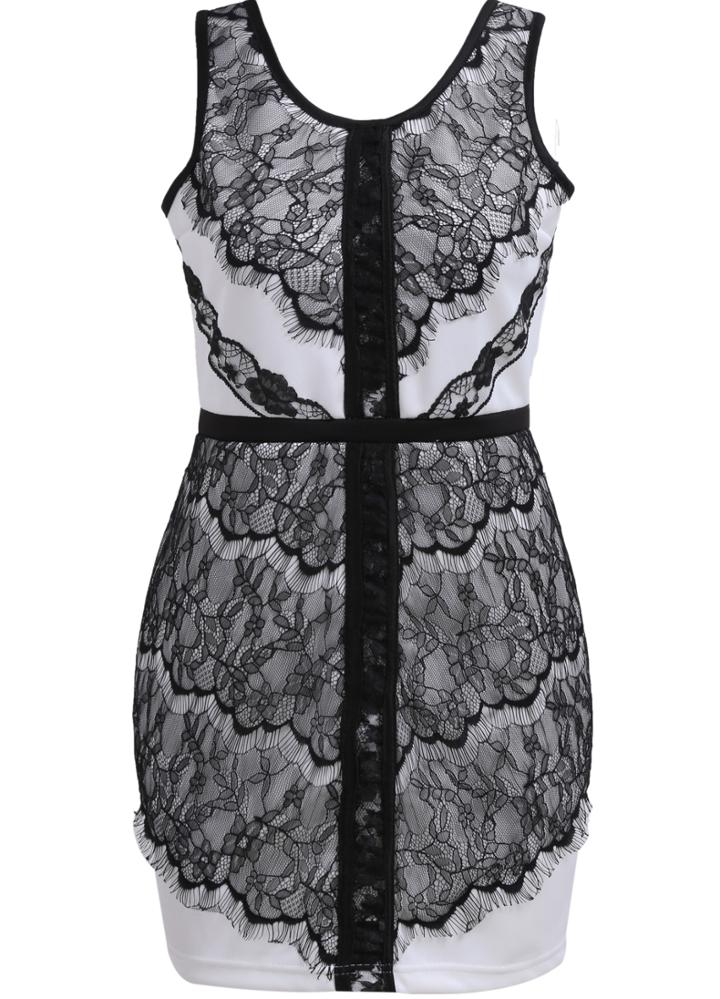 Shein Black White Sleeveless Lace Bodycon Dress