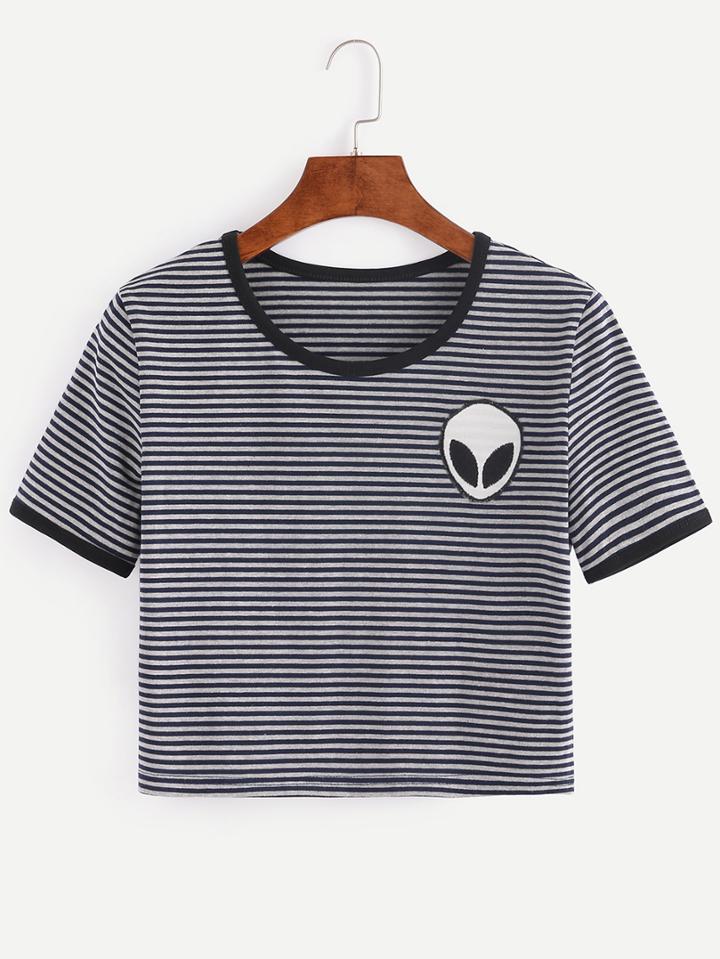 Shein Navy Striped Saucerman Embroidered Contrast Trim T-shirt