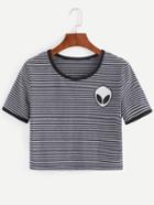 Shein Navy Striped Saucerman Embroidered Contrast Trim T-shirt