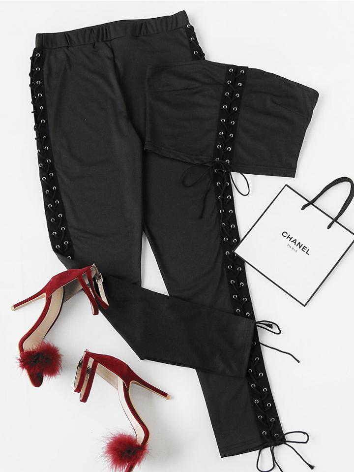 Shein Bandeau Eyelet Lace Up Crop Top With Pants