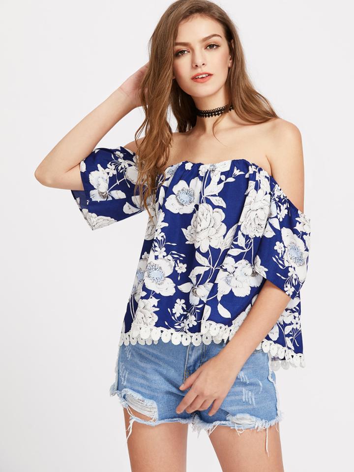 Shein Lace Trim Bell Sleeve Botanical Off Shoulder Top
