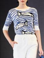 Shein White And Blue Striped Fishes Print Blouse