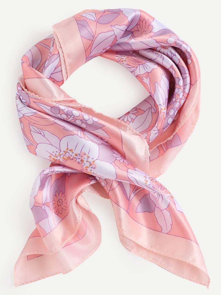 Shein Pink Floral Print Small Square Scarf