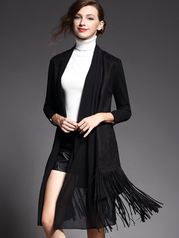 Shein Black Long Sleeve Contrast Gauze Tassel Pockets Coat