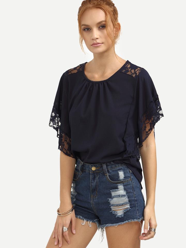 Shein Lace Insert Dolman Sleeve Top - Navy