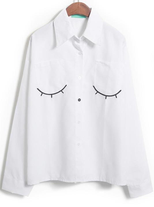 Shein White Long Sleeve Eyelash Embroidered Blouse