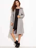 Shein Grey Faux Shearling Collar Contrast Binding Zip Up Belted Coat