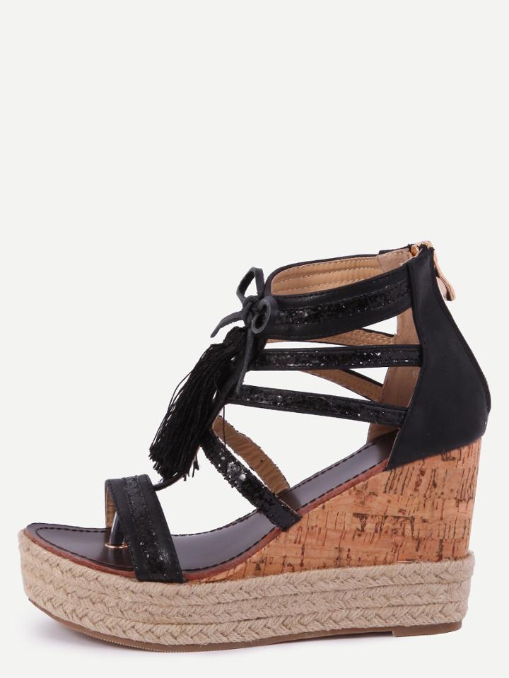 Shein Black Fringe Wedges Sandals