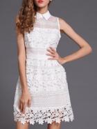 Shein White Lapel Crochet Hollow Out Gauze Dress
