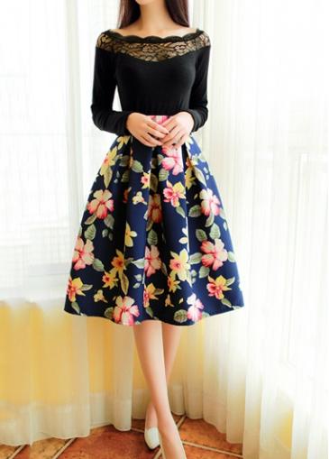 Rosewe Flower Print High Waist Midi Skirt