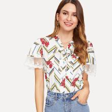 Shein Contrast Striped Tie Neck Lace Trim Blouse