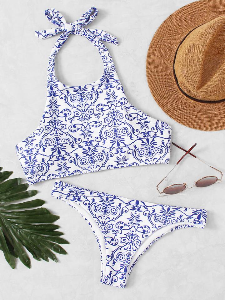 Shein Porcelain Print High Neck Bikini Set