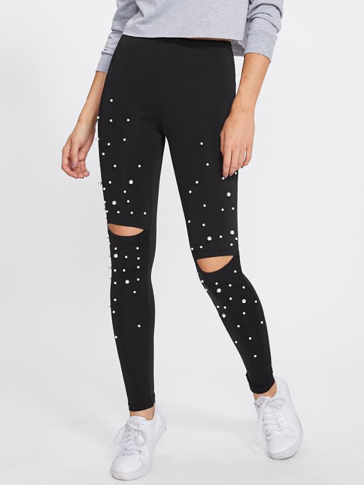 Shein Pearl Beading Knee Open Leggings