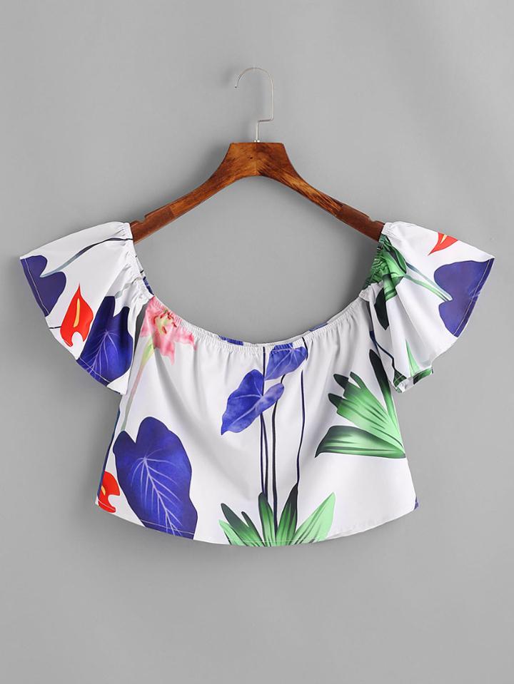 Shein Tropical Print Crop Bardot Top
