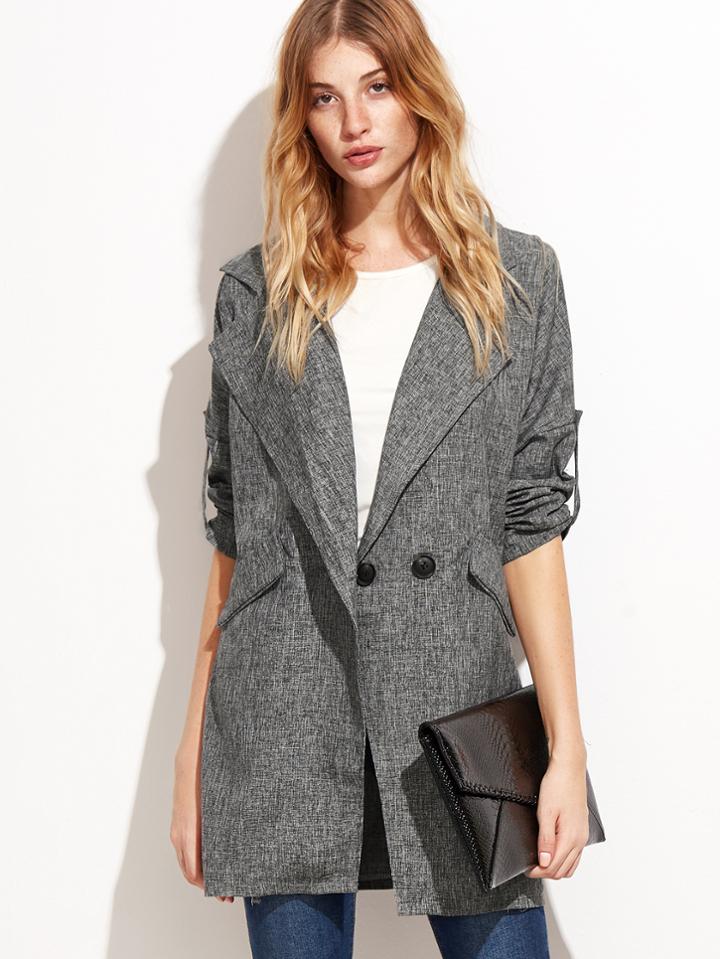 Shein Grey Roll Tab Sleeve Slit Side Long Blazer