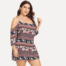 Shein Plus Tribal Print Cold Shoulder Blouse