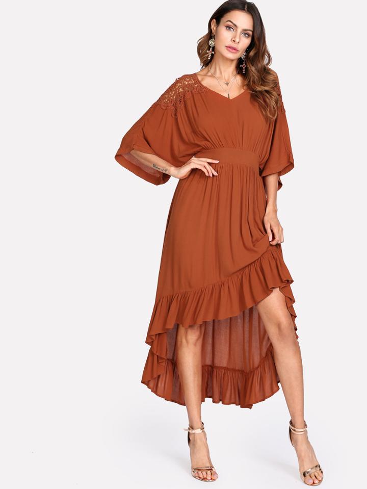 Shein Contrast Lace Ruffle Dip Hem Dress
