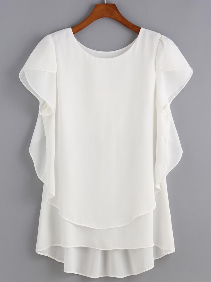 Shein Round Neck High Low Chiffon White Blouse