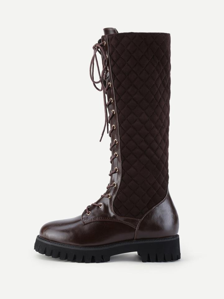 Shein Quilted Design Lace Up Calf Length Boots