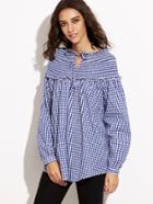 Shein Blue Gingham Tie Neck Smocked Blouse