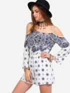 Shein Multicolor Print Cold Shoulder Long Sleeve Boho Jumpsuit