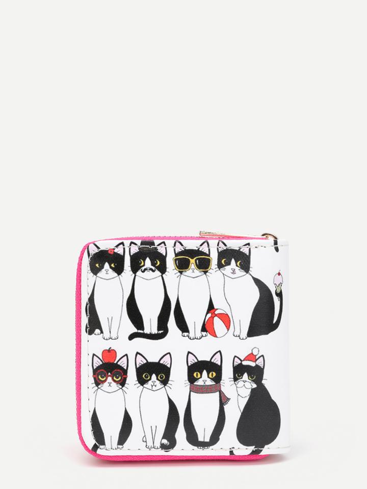 Shein Cat Print Zip Around Pu Wallet