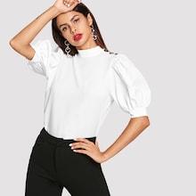 Shein Shoulder Button Bishop Sleeve Solid Top
