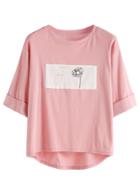 Shein Rolled Sleeve Daisy Print High Low T-shirt