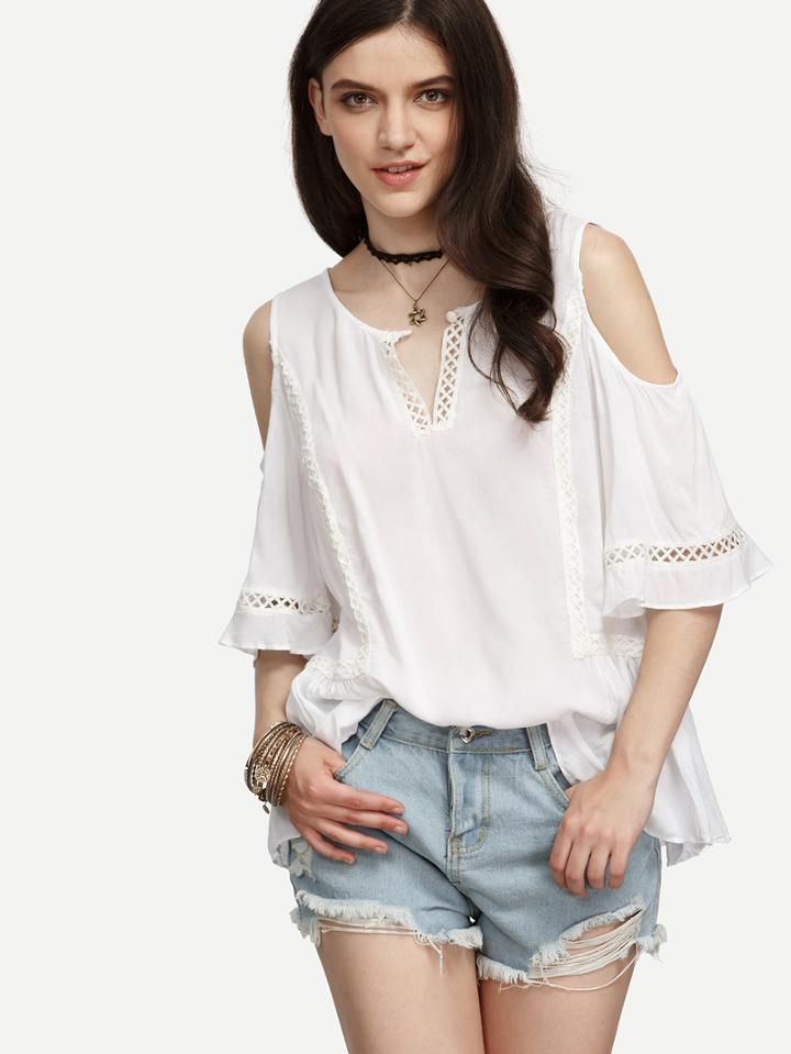 Shein White Eyelet Lace Insert Open Shoulder Ruffled Blouse