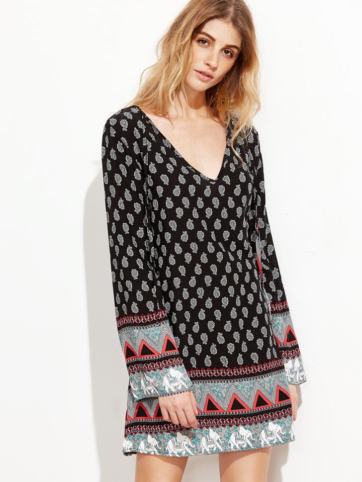 Shein Ornate Print V Neck Shift Dress