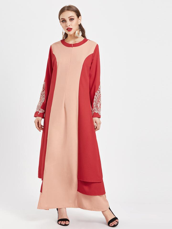Shein Contrast Panel Layered Side Crochet Appliques Kaftan Dress