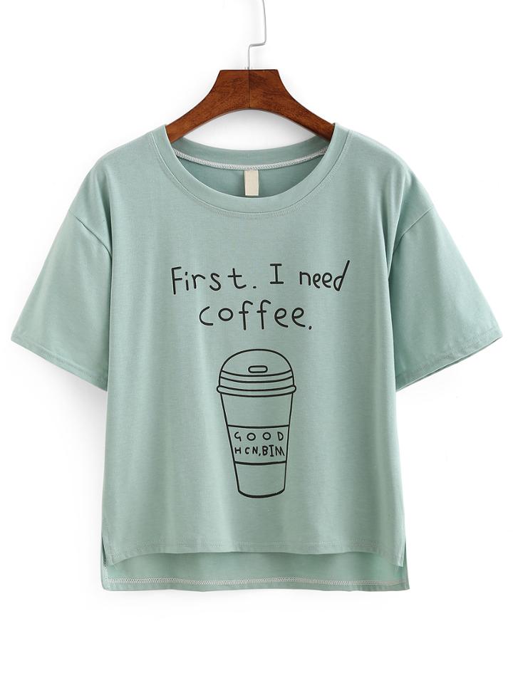 Shein Coffee Print High-low T-shirt