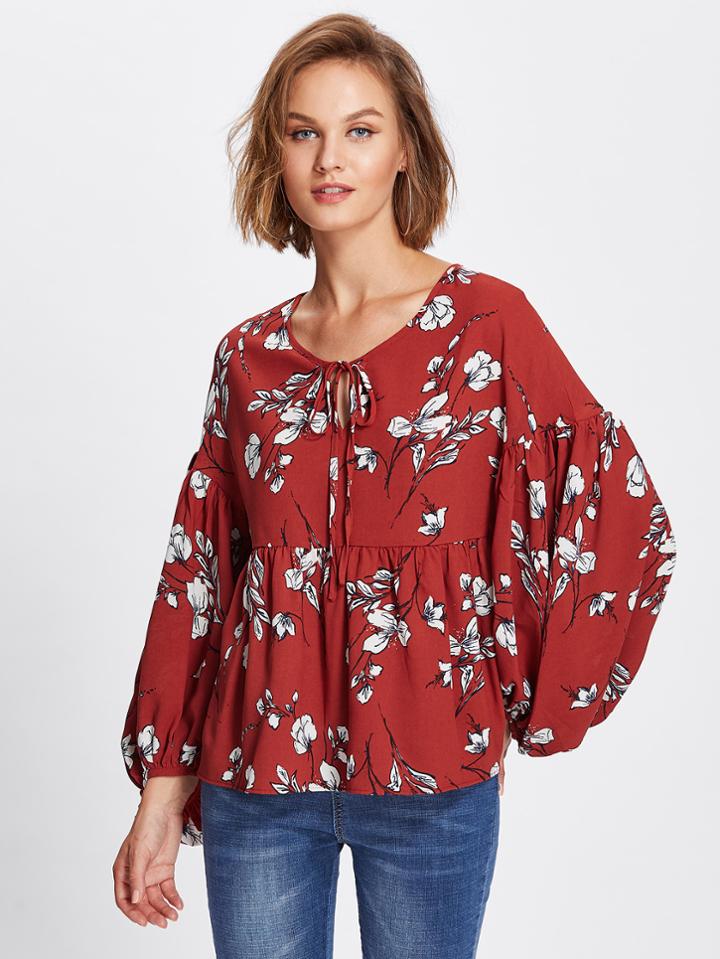 Shein Exaggerated Lantern Sleeve Printed Smock Top