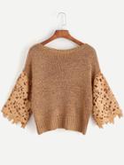 Shein Khaki Boat Neck Contrast Lace Sleeve Crochet Top