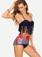 Shein Navy Fringe Printed High-waist Bikini Set
